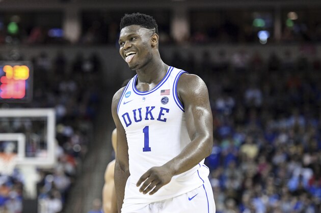 Duke forward Zion Williamson (1) reacts after getting called for a foul against Central Florida during the second half of a second-round game in the NCAA men's college basketball tournament Sunday, March 24, 2019, in Columbia, S.C. Duke defeated Central Florida 77-76. (AP Photo/Sean Rayford)