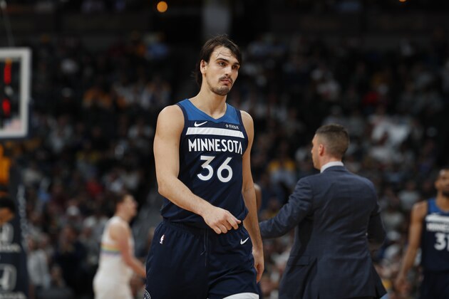 Minnesota Timberwolves forward Dario Saric (36) in the second half of an NBA basketball game Wednesday, April 10, 2019, in Denver. The Nuggets won 99-95. (AP Photo/David Zalubowski)