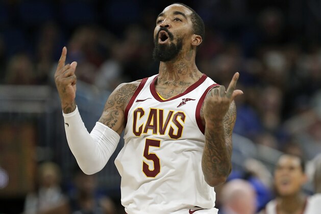 Cleveland Cavaliers' J.R. Smith celebrates after making a 3-point shot against the Orlando Magic during the second half of an NBA basketball game, Monday, Nov. 5, 2018, in Orlando, Fla. (AP Photo/John Raoux)