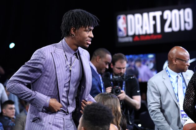 NEW YORK, NEW YORK - JUNE 20: Ja Morant reacts after being drafted with the second overall pick by the Memphis Grizzlies during the 2019 NBA Draft at the Barclays Center on June 20, 2019 in the Brooklyn borough of New York City. NOTE TO USER: User expressly acknowledges and agrees that, by downloading and or using this photograph, User is consenting to the terms and conditions of the Getty Images License Agreement. (Photo by Mike Lawrie/Getty Images)
