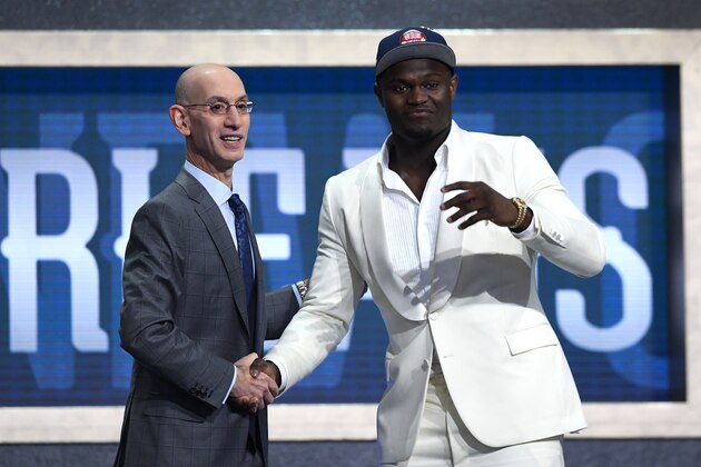 NEW YORK, NEW YORK - JUNE 20: Zion Williamson poses with NBA Commissioner Adam Silver after being drafted with the first overall pick by the New Orleans Pelicans during the 2019 NBA Draft at the Barclays Center on June 20, 2019 in the Brooklyn borough of New York City. NOTE TO USER: User expressly acknowledges and agrees that, by downloading and or using this photograph, User is consenting to the terms and conditions of the Getty Images License Agreement. (Photo by Sarah Stier/Getty Images)