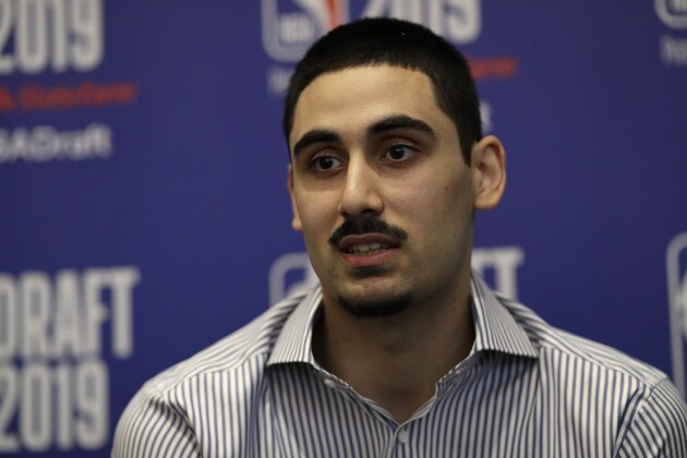 Goga Bitadze, from the Republic of Georgia, attends the NBA Draft basketball media availability, Wednesday, June 19, 2019, in New York. The draft will be held Thursday, June 20. (AP Photo/Mark Lennihan)