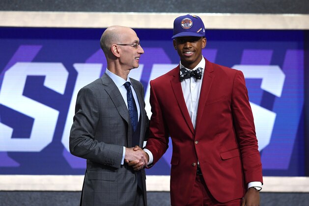 NEW YORK, NEW YORK - JUNE 20: Jarrett Culver poses with NBA Commissioner Adam Silver after being drafted with the sixth overall pick by the Phoenix Suns during the 2019 NBA Draft at the Barclays Center on June 20, 2019 in the Brooklyn borough of New York City. NOTE TO USER: User expressly acknowledges and agrees that, by downloading and or using this photograph, User is consenting to the terms and conditions of the Getty Images License Agreement. (Photo by Sarah Stier/Getty Images)
