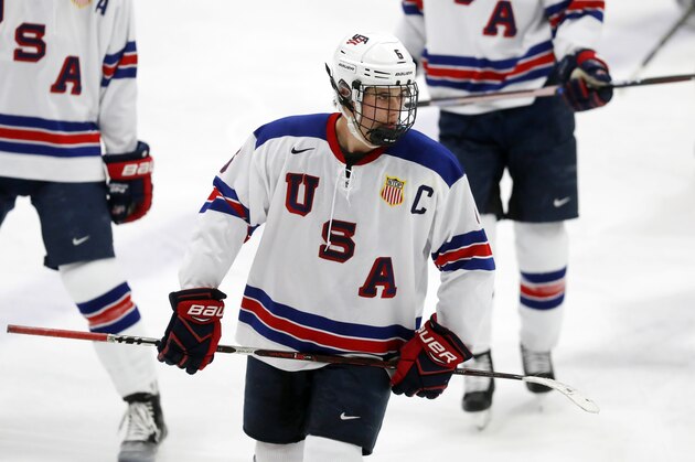 In this Wednesday, Nov. 21, 2018, photo, Jack Hughes, expected to be a top pick in the next NHL hockey draft, plays against Bowling Green in Plymouth, Mich. USA Hockey has developed the nation's top players for more than two-plus decades, producing a quartet of No. 1 overall picks in the NHL draft, including Auston Matthews and Patrick Kane. Hughes may be next. (AP Photo/Carlos Osorio)