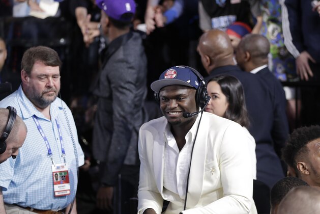 Duke's Zion Williamson smiles during an interview after being selected by the New Orleans Pelicans as the No. 1 pick overall during the NBA basketball draft Thursday, June 20, 2019, in New York. (AP Photo/Julio Cortez)