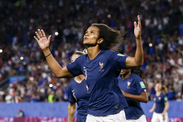 RENNES, FRANCE - JUNE 17: Wendie Renard #3 of France celebrates her goal during the 2019 FIFA Women's World Cup France group A match between Nigeria and France at Roazhon Park on June 17, 2019 in Rennes, France. (Photo by Catherine Steenkeste/Getty Images)