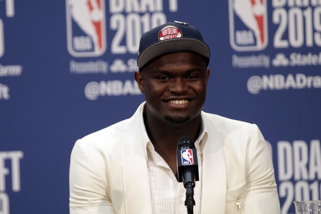 BROOKLYN, NY - JUNE 20: Zion Williamson is interviewed after being drafted by the New Orleans Pelicans during the 2019 NBA Draft on June 20, 2019 at the Barclays Center in Brooklyn, New York. NOTE TO USER: User expressly acknowledges and agrees that, by downloading and/or using this photograph, user is consenting to the terms and conditions of the Getty Images License Agreement. Mandatory Copyright Notice: Copyright 2019 NBAE (Photo by Ryan McGilloway/NBAE via Getty Images)
