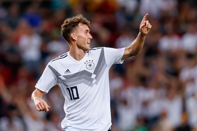 TRIESTE, ITALY - JUNE 20: Luca Waldschmidt of Germany celebrates after scoring his team's third goal during the 2019 UEFA U-21 Group B match between Germany and Serbia at Stadio Nereo Rocco on June 20, 2019 in Trieste, Italy. (Photo by TF-Images/Getty Images)