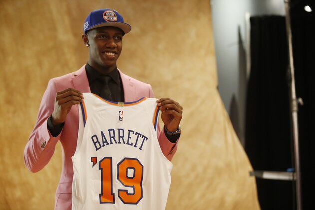 BROOKLYN, NY - JUNE 20: RJ Barrett poses for a photo after being selected third overall by the New York Knicks during the 2019 NBA Draft on June 20, 2019 at the Barclays Center in Brooklyn, New York. NOTE TO USER: User expressly acknowledges and agrees that, by downloading and/or using this photograph, user is consenting to the terms and conditions of the Getty Images License Agreement. Mandatory Copyright Notice: Copyright 2019 NBAE (Photo by Michelle Farsi/NBAE via Getty Images)