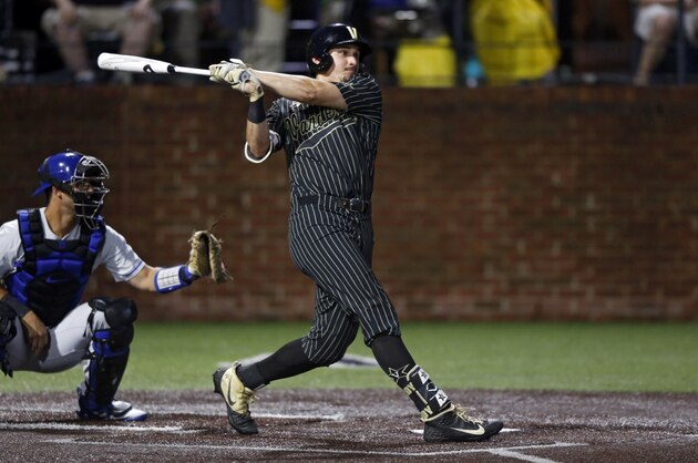 Vanderbilt's JJ Bleday follows through on a hit during the second inning of the team's NCAA college super regional baseball game against Duke on Friday, June 7, 2019, in Nashville, Tenn. (AP Photo/Wade Payne)