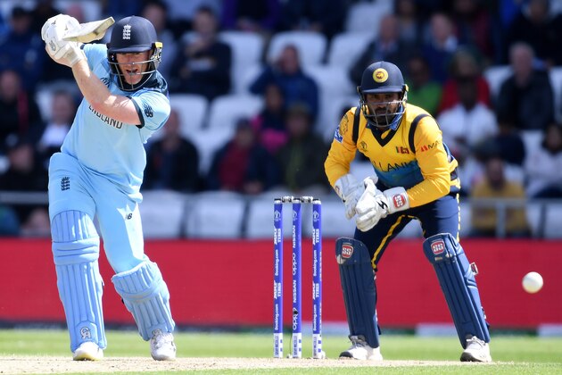 England's captain Eoin Morgan plays a shot during the 2019 Cricket World Cup group stage match between England and Sri Lanka at Headingley in Leeds, northern England, on June 21, 2019. (Photo by Dibyangshu SARKAR / AFP) / RESTRICTED TO EDITORIAL USE        (Photo credit should read DIBYANGSHU SARKAR/AFP/Getty Images)