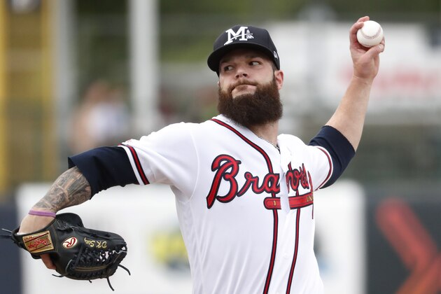CORRECTS CITY TO PEARL, INSTEAD OF JACKSON - Mississippi Braves pitcher Dallas Keuchel pitches during the first inning against the Double-A Mobile BayBears in Pearl, Miss., Saturday, June 15, 2019. Keuchel, who was recently signed by the Atlanta Braves, and is a 2015 AL Cy Young award winner has a one-year contract for the remainder of the 2019 season. (AP Photo/Rogelio V. Solis)
