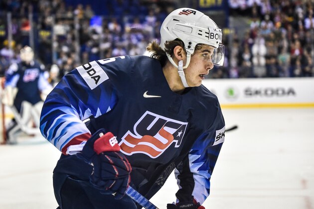 KOSICE, SLOVAKIA - MAY 19: Jack Hughes #6 of USA during the 2019 IIHF Ice Hockey World Championship Slovakia group A game between Germany and United States at Steel Arena on May 19, 2019 in Kosice, Slovakia. (Photo by Lukasz Laskowski/PressFocus/MB Media/Getty Images)