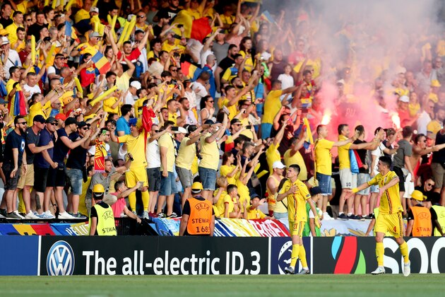 CESENA, ITALY - JUNE 21: Tudor Baluta of Romania U21 celebrates 1-0 during the  EURO U21 match between England  v Romania  at the Orogel Stadium-Dino Manuzzi on June 21, 2019 in Cesena Italy (Photo by Danilo Di Giovanni/Soccrates/Getty Images)