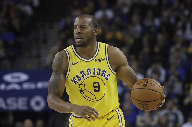 Golden State Warriors guard Andre Iguodala (9) against the Denver Nuggets during an NBA basketball game in Oakland, Calif., Tuesday, April 2, 2019. (AP Photo/Jeff Chiu)