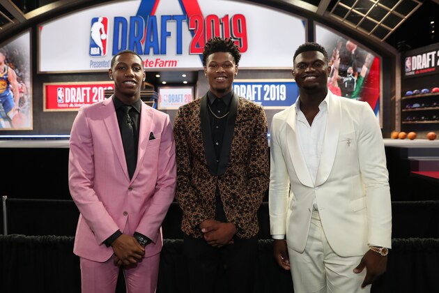 BROOKLYN, NY - JUNE 20: RJ Barrett, Cam Reddish, and Zion Williamson pose for a photo before the 2019 NBA Draft on June 20, 2019 at the Barclays Center in Brooklyn, New York. NOTE TO USER: User expressly acknowledges and agrees that, by downloading and/or using this photograph, user is consenting to the terms and conditions of the Getty Images License Agreement. Mandatory Copyright Notice: Copyright 2019 NBAE (Photo by Michael J. LeBrecht II/NBAE via Getty Images)