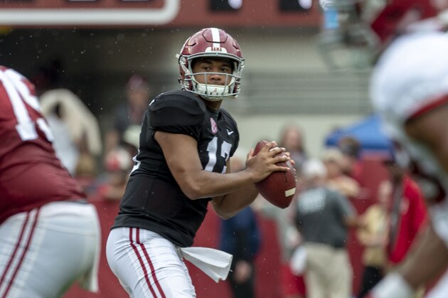 Alabama quarterback Tua Tagovailoa (13) drops back to pass during the second half of Alabama's A-Day NCAA college football scrimmage, Saturday, April 13, 2019, in Tuscaloosa, Ala. (AP Photo/Vasha Hunt)