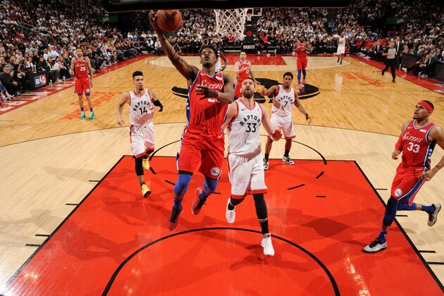 TORONTO, CANADA - MAY 12: Jimmy Butler #23 of the Philadelphia 76ers shoots a layup against the Toronto Raptors during Game Seven of the Eastern Conference Semi-Finals of the 2019 NBA Playoffs on May 12, 2019 at the Scotiabank Arena in Toronto, Ontario, Canada.  NOTE TO USER: User expressly acknowledges and agrees that, by downloading and or using this Photograph, user is consenting to the terms and conditions of the Getty Images License Agreement.  Mandatory Copyright Notice: Copyright 2019 NBAE (Photo by Ron Turenne/NBAE via Getty Images)