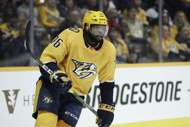 Nashville Predators defenseman P.K. Subban plays against the Columbus Blue Jackets in the first period of an NHL hockey game Sunday, March 31, 2019, in Nashville, Tenn. (AP Photo/Mark Humphrey)