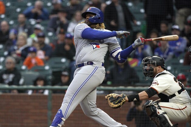 Toronto Blue Jays' Vladimir Guerrero Jr. hits a single against the San Francisco Giants during the second inning of a baseball game in San Francisco, Tuesday, May 14, 2019. (AP Photo/Tony Avelar)