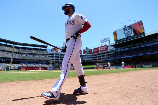 ARLINGTON, TEXAS - JUNE 08: Nomar Mazara #30 of the Texas Rangers makes his way to the on deck circle during a game against the Oakland Athletics at Globe Life Park in Arlington on June 08, 2019 in Arlington, Texas. (Photo by Richard Rodriguez/Getty Images)