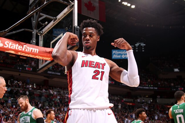 MIAMI, FL - APRIL 3: Hassan Whiteside #21 of the Miami Heat reacts to a play during the game against the Boston Celtics on April 3, 2019 at American Airlines Arena in Miami, Florida. NOTE TO USER: User expressly acknowledges and agrees that, by downloading and/or using this photograph, user is consenting to the terms and conditions of the Getty Images License Agreement. Mandatory Copyright Notice: Copyright 2019 NBAE (Photo by Issac Baldizon/NBAE via Getty Images)