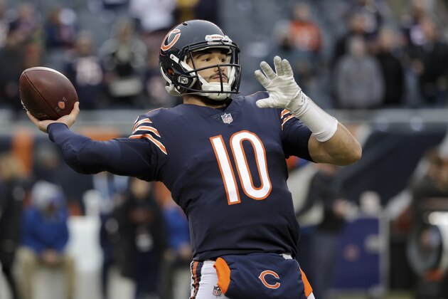 Chicago Bears quarterback Mitchell Trubisky (10) warms up before an NFL wild-card playoff football game against the Philadelphia Eagles Sunday, Jan. 6, 2019, in Chicago. (AP Photo/Nam Y. Huh)