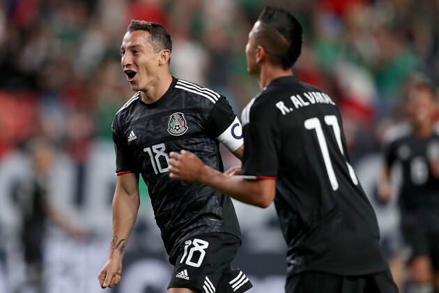 DENVER, COLORADO - JUNE 19: Andres Guardado #18 of Mexico celebrates scoring a goal against Canada in the second half during group play in the CONCACAF Gold Cup at Sports Authority Field at Mile High on June 19, 2019 in Denver, Colorado. (Photo by Matthew Stockman/Getty Images)