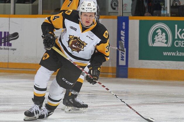 PETERBOROUGH, ON - NOVEMBER 10:  Arthur Kaliyev #34 of the Hamilton Bulldogs skates against the Peterborough Petes in an OHL game at the Peterborough Memorial Centre on November 10, 2018 in Peterborough, Ontario, Canada. (Photo by Claus Andersen/Getty Images)