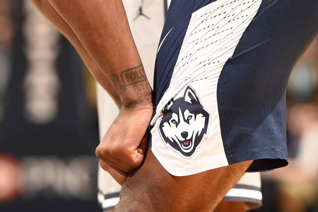 WASHINGTON, DC - JANUARY 14:  The Connecticut Huskies logo on shorts during a college basketball game against the Georgetown Hoyas at the Verizon Center on January 14, 2017 in Washington, DC.  The Hoyas won 72-69.  (Photo by Mitchell Layton/Getty Images) *** Local Caption ***