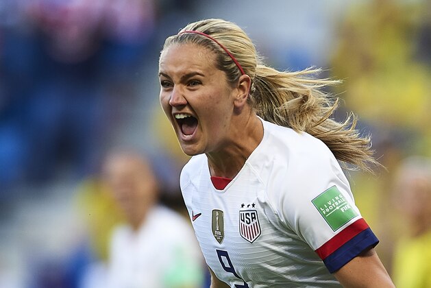 LE HAVRE, FRANCE - JUNE 20: Lindsey Horan of USA celebrates scoring her team's opening goal during the 2019 FIFA Women's World Cup France group F match between Sweden and USA at  on June 20, 2019 in Le Havre, France. (Photo by Quality Sport Images/Getty Images)
