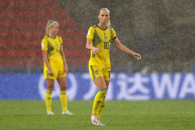 RENNES, FRANCE - JUNE 11: Sofia Jakobsson of Sweden looks on in the rain during the 2019 FIFA Women's World Cup France group F match between Chile and Sweden at Roazhon Park on June 11, 2019 in Rennes, France. (Photo by Richard Heathcote/Getty Images)