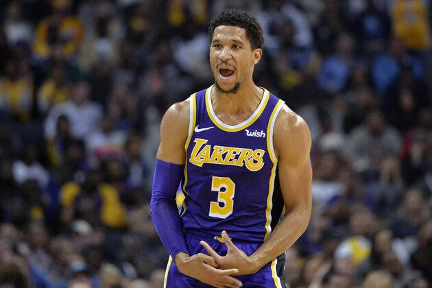 Los Angeles Lakers guard Josh Hart (3) reacts after scoring a 3-point shot in the first half of an NBA basketball game against the Memphis Grizzlies on Saturday, Dec. 8, 2018, in Memphis, Tenn. (AP Photo/Brandon Dill)