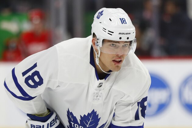 Toronto Maple Leafs left wing Andreas Johnsson plays against the Detroit Red Wings in the first period of an NHL hockey game, Friday, Feb. 1, 2019, in Detroit. (AP Photo/Paul Sancya)