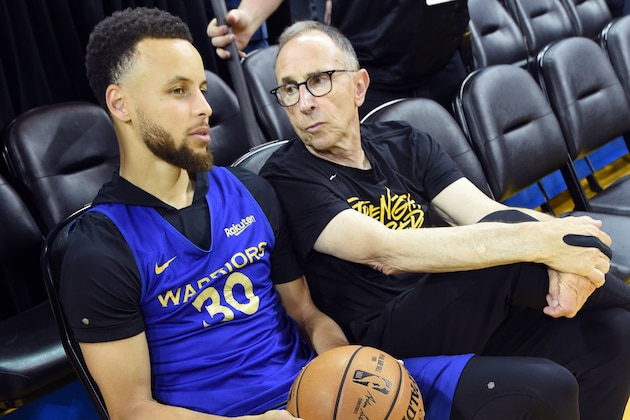 OAKLAND, CA - JUNE 12: Ron Adams and Stephen Curry #30 of the Golden State Warriors talk during NBA Finals practice and media availability on June12, 2019 at Oracle Arena in Oakland, California. NOTE TO USER: User expressly acknowledges and agrees that, by downloading and/or using this photograph, user is consenting to the terms and conditions of the Getty Images License Agreement. Mandatory Copyright Notice: Copyright 2019 NBAE (Photo by Andrew D. Bernstein/NBAE via Getty Images)