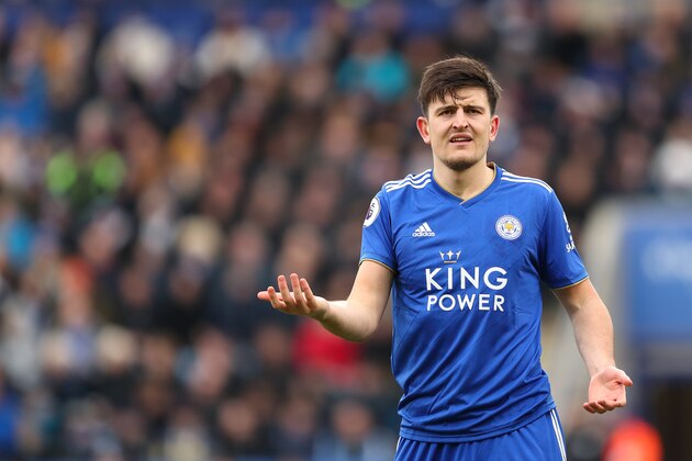 LEICESTER, ENGLAND - FEBRUARY 03: Harry Maguire of Leicester City reacts during the Premier League match between Leicester City and Manchester United at The King Power Stadium on February 3, 2019 in Leicester, United Kingdom. (Photo by James Williamson - AMA/Getty Images)
