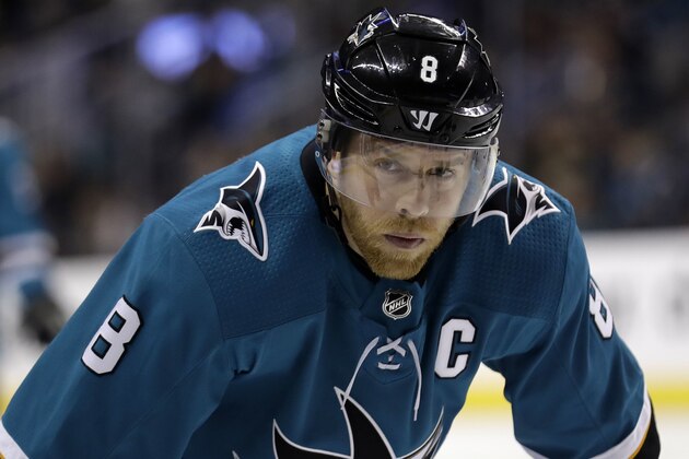 San Jose Sharks' Joe Pavelski (8) during the second period of an NHL hockey game against the Calgary Flames Saturday, March 24, 2018, in San Jose, Calif. (AP Photo/Marcio Jose Sanchez)