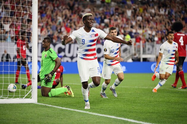 CLEVELAND, OH - JUNE 22: Gyasi Zardes of USA celebrates after scoring a goal to make it 2-0 during the Group D 2019 CONCACAF Gold Cup fixture between United States of America and Trinidad & Tobago at FirstEnergy Stadium on June 22, 2019 in Cleveland, Ohio. (Photo by Matthew Ashton - AMA/Getty Images)