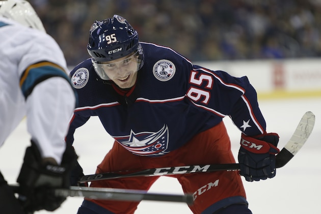 Columbus Blue Jackets' Matt Duchene plays against the San Jose Sharks during an NHL hockey game Saturday, Feb. 23, 2019, in Columbus, Ohio. (AP Photo/Jay LaPrete)