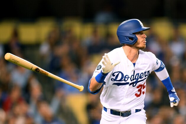 LOS ANGELES, CALIFORNIA - JUNE 21:  Cody Bellinger #35 of the Los Angeles Dodgers reacts to his solo homerun, to take a 2-1 lead over the Colorado Rockies, during the fourth inning at Dodger Stadium on June 21, 2019 in Los Angeles, California. (Photo by Harry How/Getty Images)