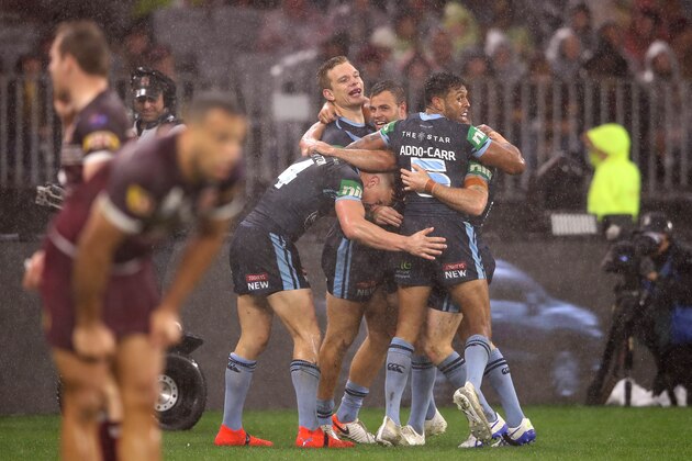 PERTH, AUSTRALIA - JUNE 23:  Tom Trbojevic of the Blues celebrates scoring a try  during game two of the 2019 State of Origin series between the New South Wales Blues and the Queensland Maroons at Optus Stadium on June 23, 2019 in Perth, Australia. (Photo by Mark Kolbe/Getty Images)