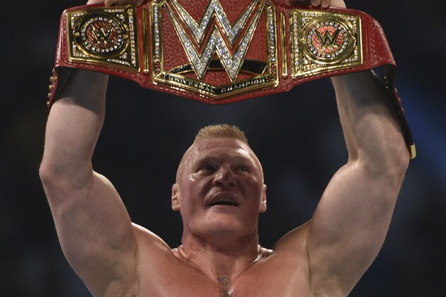 Brock Lesnar celebrates after winning the WWE Universal Championship match as part of as part of the World Wrestling Entertainment (WWE) Crown Jewel pay-per-view at the King Saud University Stadium in Riyadh on November 2, 2018. (Photo by Fayez Nureldine / AFP)        (Photo credit should read FAYEZ NURELDINE/AFP/Getty Images)