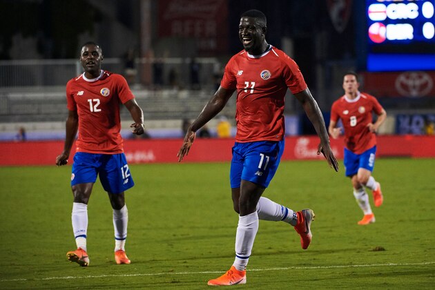 Costa Rica's Mayron George (C) celebrates after scoring a goal during the Concacaf group B Gold Cup football match between Bermuda and Costa Rica on June 20, 2019 at Toyota Stadium in Frisco, Texas, near Dallas. (Photo by Cooper NEILL / AFP)        (Photo credit should read COOPER NEILL/AFP/Getty Images)