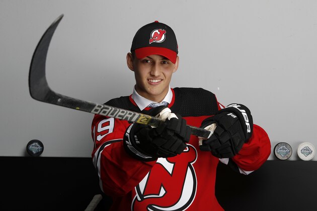 VANCOUVER, BRITISH COLUMBIA - JUNE 22: Case Mccarthy poses after being selected 118th overall by the New Jersey Devils during the 2019 NHL Draft at Rogers Arena on June 22, 2019 in Vancouver, Canada. (Photo by Kevin Light/Getty Images)