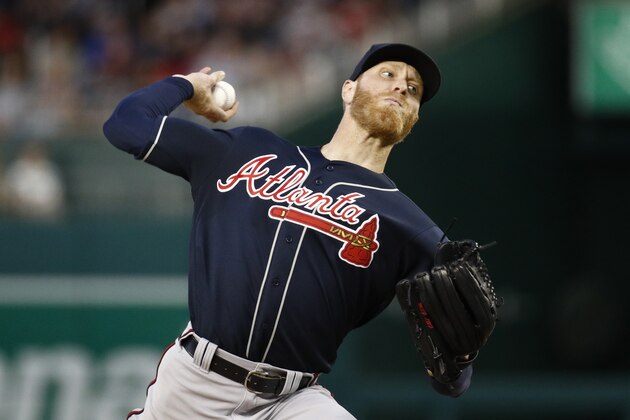 Atlanta Braves starting pitcher Mike Foltynewicz throws to the Washington Nationals during a baseball game, Saturday, June 22, 2019, in Washington. (AP Photo/Patrick Semansky)