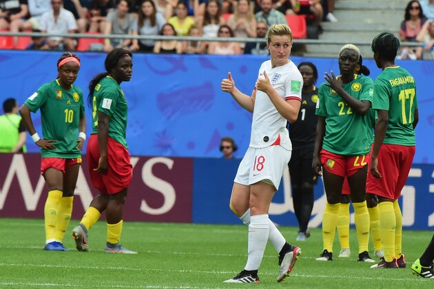 VALENCIENNES, FRANCE - JUNE 23:  (C) Ellen White of England celebrates her first goal during the 2019 FIFA Women's World Cup France Round Of 16 match between England and Cameroon at Stade du Hainaut on June 23, 2019 in Valenciennes, France.  (Photo by Pier Marco Tacca/Getty Images)