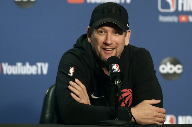 Toronto Raptors head coach Nick Nurse speaks to reporters before a team practice in Oakland, Calif., Wednesday, June 12, 2019. The Raptors are scheduled to play the Golden State Warriors in Game 6 of basketball's NBA Finals on Thursday. (AP Photo/Jeff Chiu)