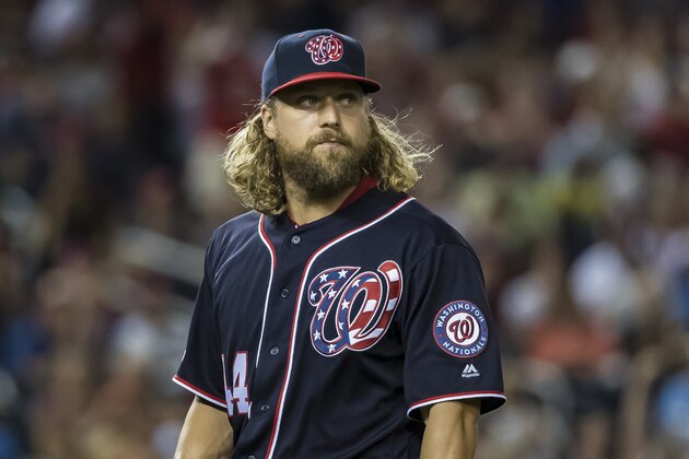 WASHINGTON, DC - JUNE 21: Trevor Rosenthal #44 of the Washington Nationals pitches against the Atlanta Braves during the eighth inning at Nationals Park on June 21, 2019 in Washington, DC. (Photo by Scott Taetsch/Getty Images)