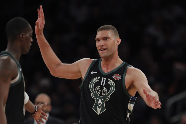 Milwaukee Bucks center Brook Lopez (11) reacts during the first quarter of an NBA basketball game against the New York Knicks, Saturday, Dec. 1, 2018, in New York.(AP Photo/Julie Jacobson)