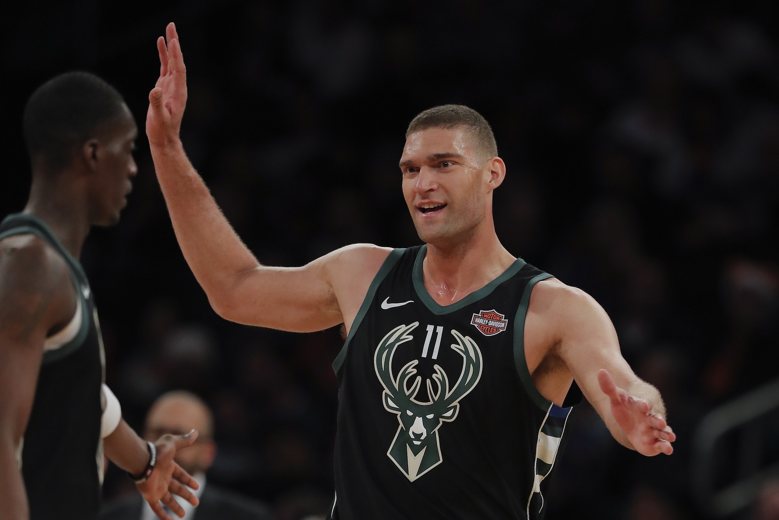 Milwaukee Bucks center Brook Lopez (11) reacts during the first quarter of an NBA basketball game against the New York Knicks, Saturday, Dec. 1, 2018, in New York.(AP Photo/Julie Jacobson)